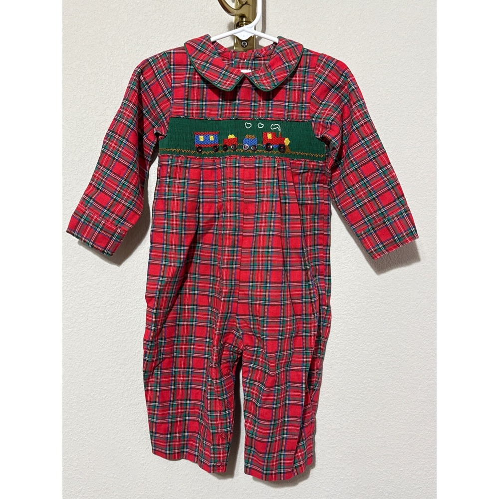 Vintage House of Hatten Smocked Romper Kids 18M Red Plaid Train Holiday